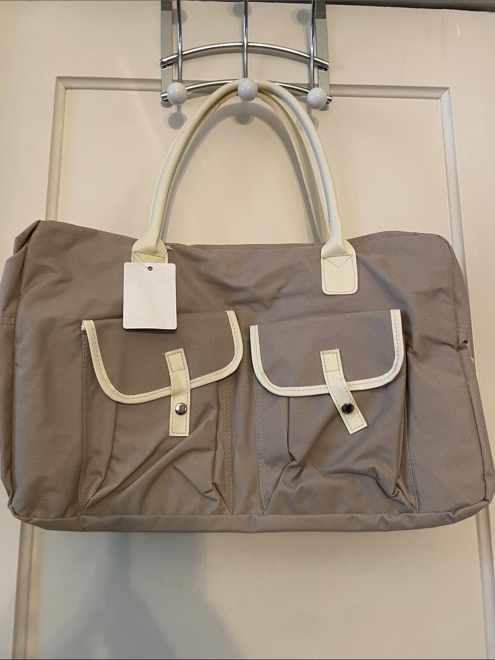 Vintage Taupe Travel Tote Bag with Cream Handles and Strap